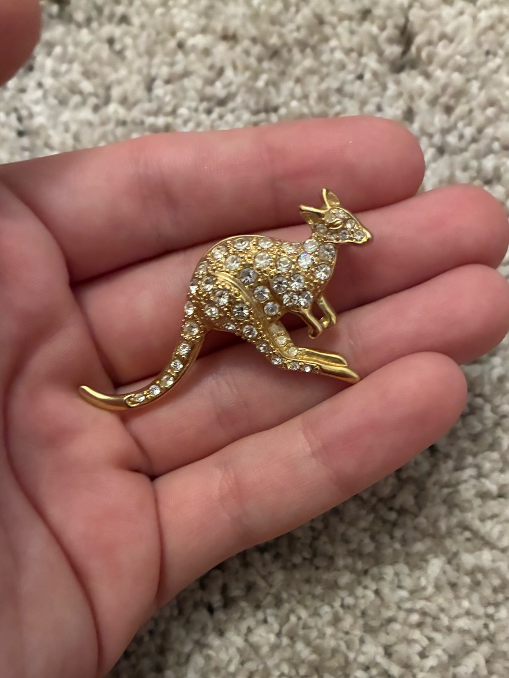 Gold Tone Crystal Kangaroo Brooch